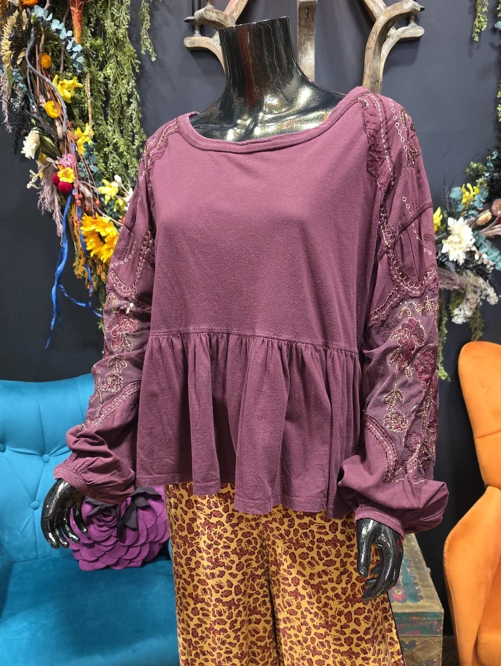 Free People Maroon Embroidered Peplum Long-Sleeve Top